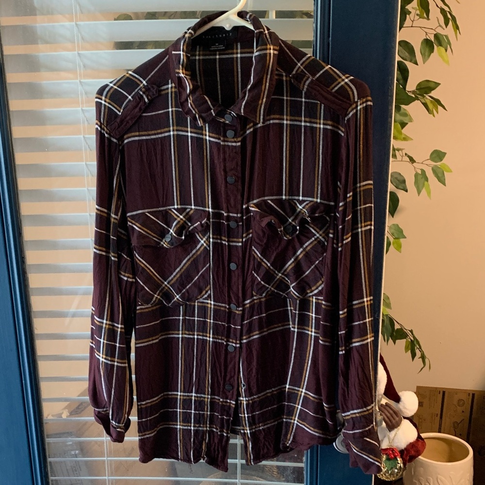Sanctuary Burgundy Plaid Button-Up Shirt with Yellow and Cream Stripes